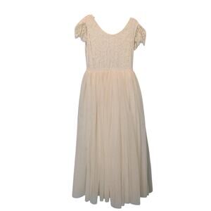 2Bunnies Girls Sz 6 Cream Ivory Tulle Lace Flower Girl Dress Maxi Full Length